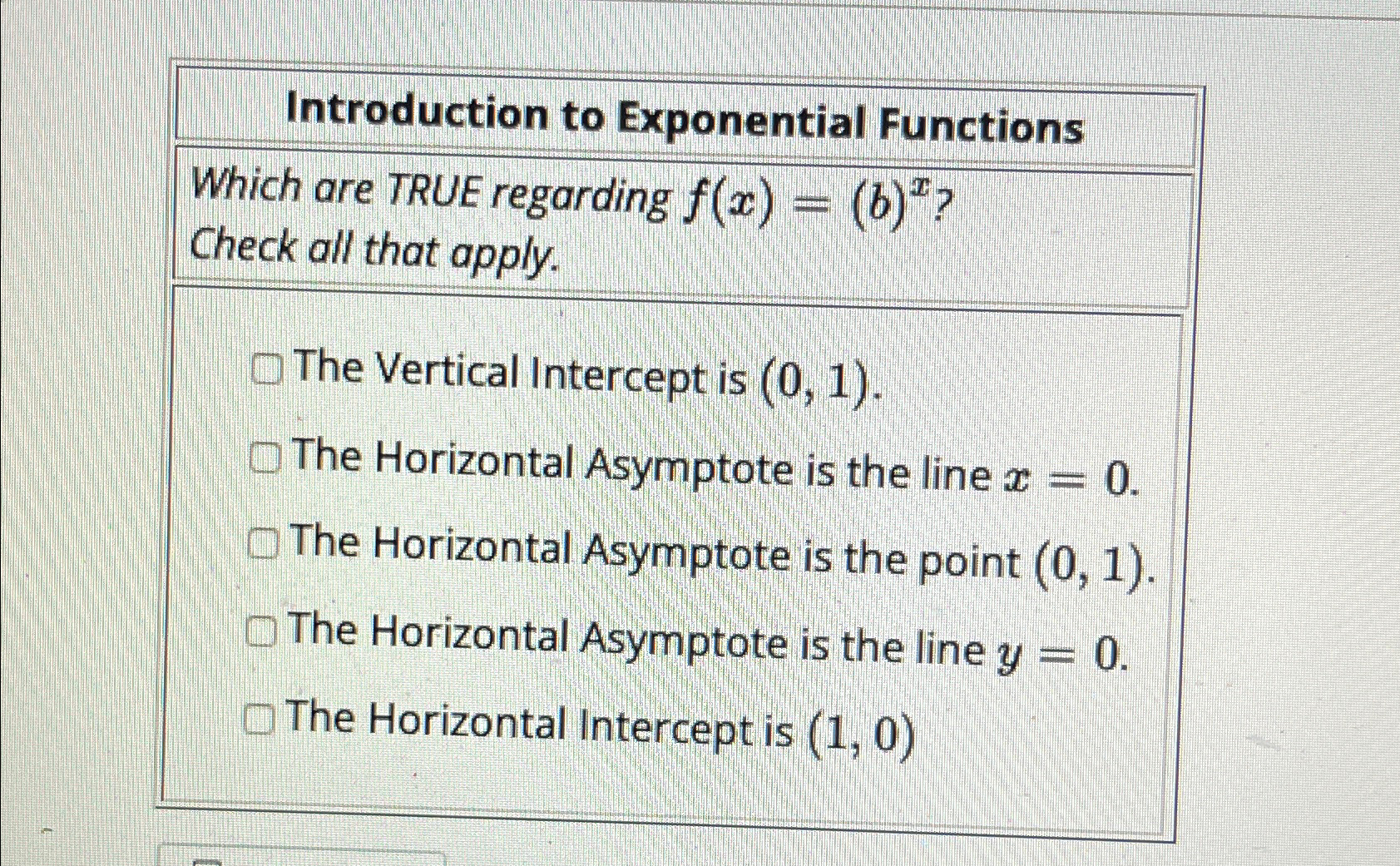 Solved Introduction to Exponential FunctionsWhich are TRUE | Chegg.com