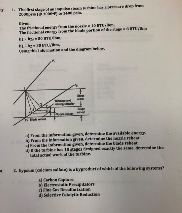 Solved 1. The first stage of an impulse steam turbine has a | Chegg.com