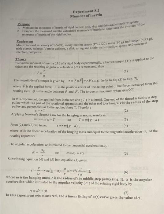 Solved 3. Use the data in Table 1 of Experiment 8.2 and the | Chegg.com