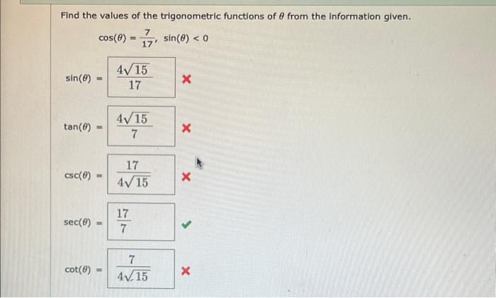 Solved Find the values of the trigonometric functions of θ | Chegg.com