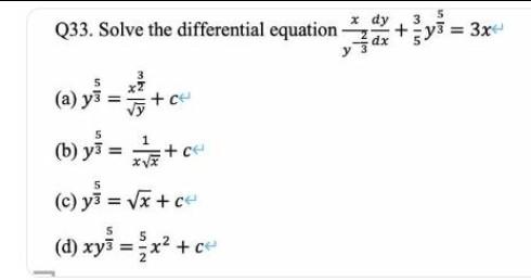 Q33. Solve the differential equation * dy +y = 3x = 1 (a) y =*+ (b) y} = x+c (c) y= = (x + ce (d) xy* =***** : 5