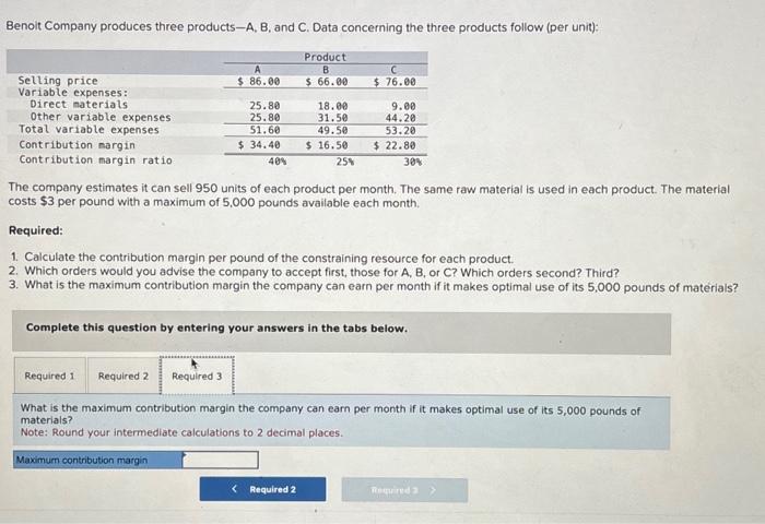 Solved Benoit Company Produces Three Products-A, B, And C. | Chegg.com