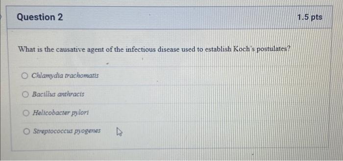 Solved Question 2 1.5 pts What is the causative agent of the | Chegg.com