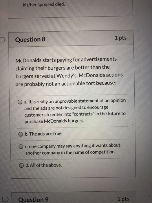 Solved his/her spoused died. Question 8 1 pts McDonalds | Chegg.com