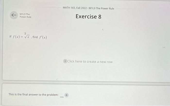 Solved M1L9 The Exercise 8 Power Rule If f(x)=3x, find f′(x) | Chegg.com