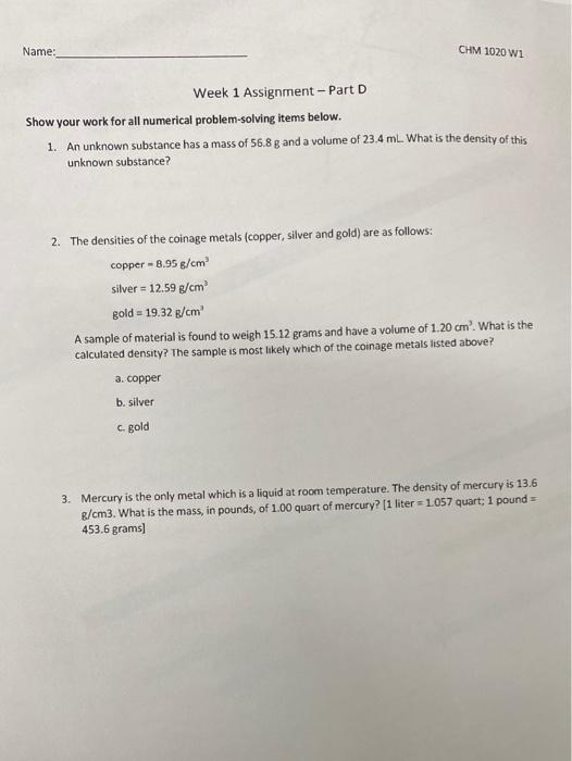 Solved Name: CHM 1020 W Week 1 Assignment - Part A Practice | Chegg.com