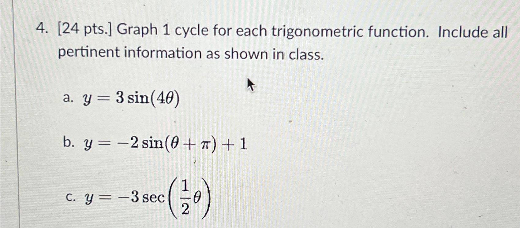 Solved ] ﻿Graph 1 ﻿cycle for each trigonometric function. | Chegg.com