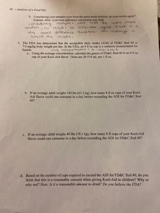 Solved 60 Analysis of a Food Dye b. Considering your samples | Chegg.com