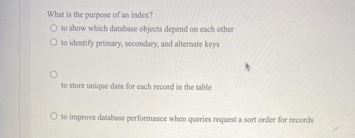 Solved What is the purpose of an index? O to show which | Chegg.com