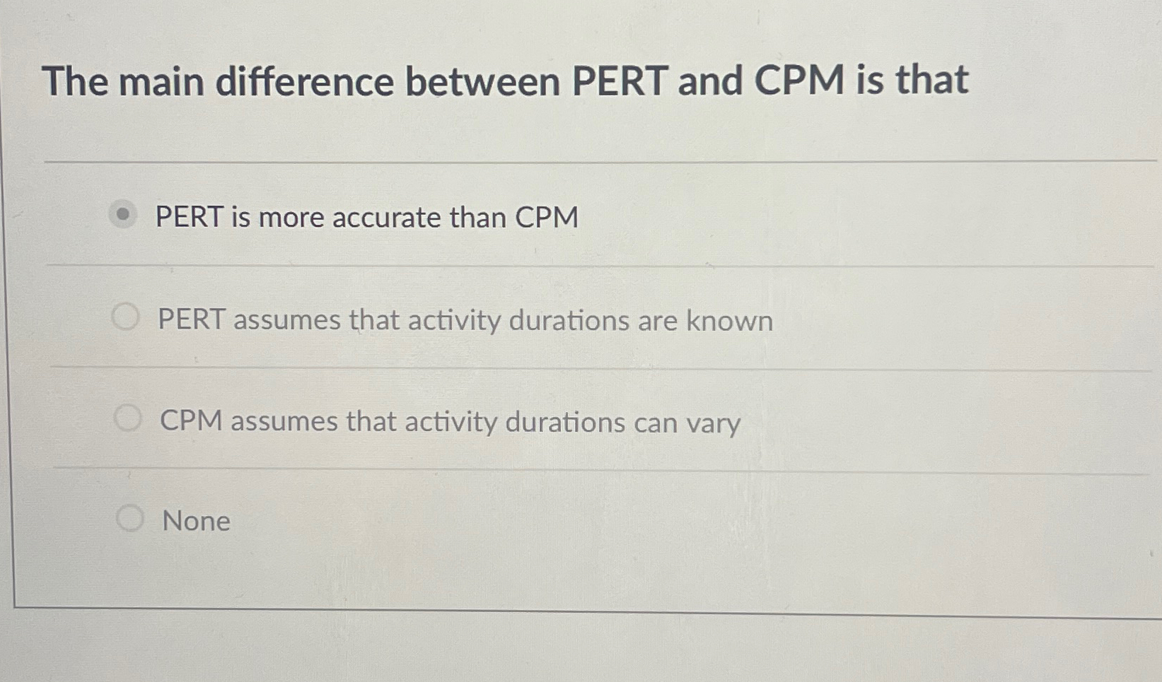 Solved The main difference between PERT and CPM is thatPERT | Chegg.com