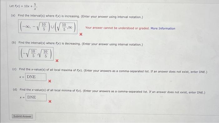 Solved Let F X 10x X5 A Find The Interval S Where F X