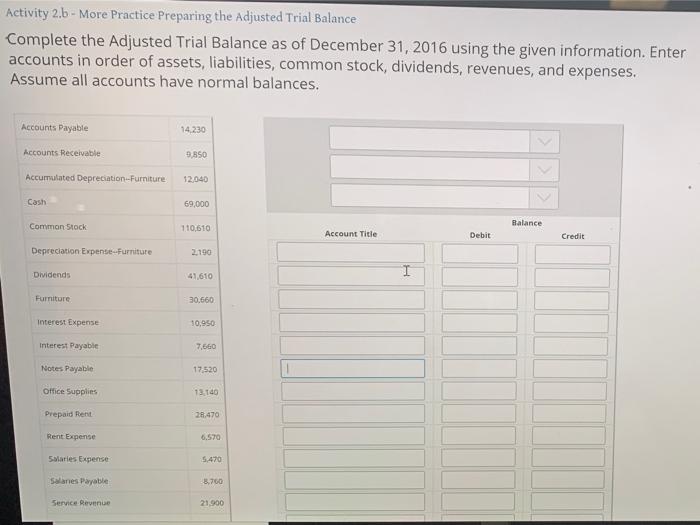 Solved Activity 2.b - More Practice Preparing the adjusted | Chegg.com