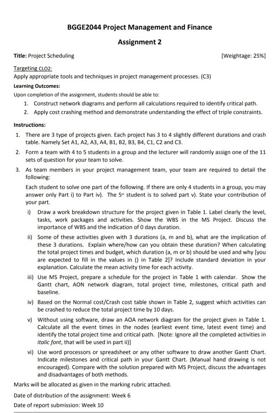 BGGE2044 Project Management and Finance Assignment 2 | Chegg.com