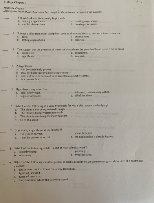 Solved Biology Chapter 1 Multiple Choice Identify the letter | Chegg.com