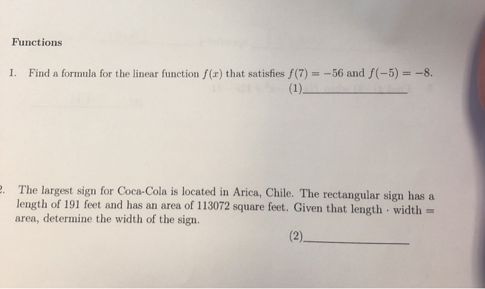 Solved Functions 1. Find a formula for the linear function | Chegg.com