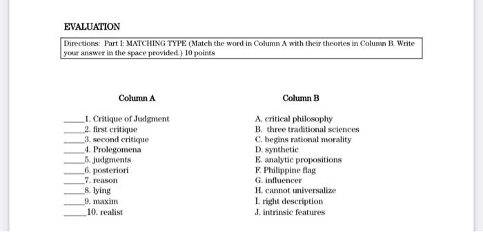 Solved EVALUATION Directions: Part 1: MATCHING TYPE (Match | Chegg.com