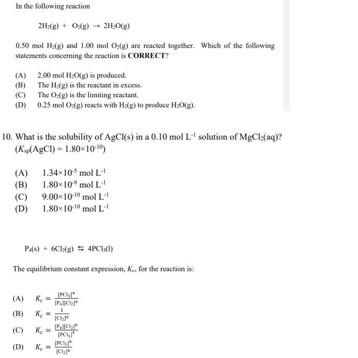 Solved In The Following Reaction 2h2 G O2 G →2h2o G 0 50