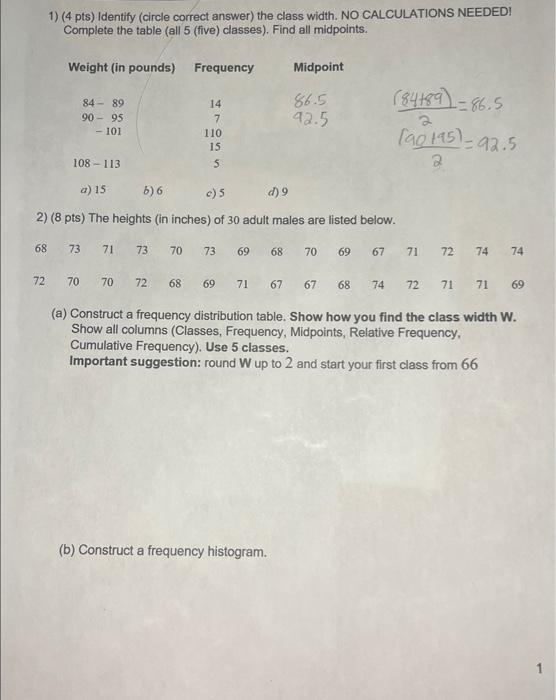 Solved 1) (4 Pts) Identify (circle Correct Answer) The Class | Chegg.com