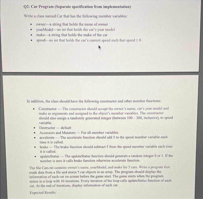 Solved Q2: Car Program (Separate specification from | Chegg.com