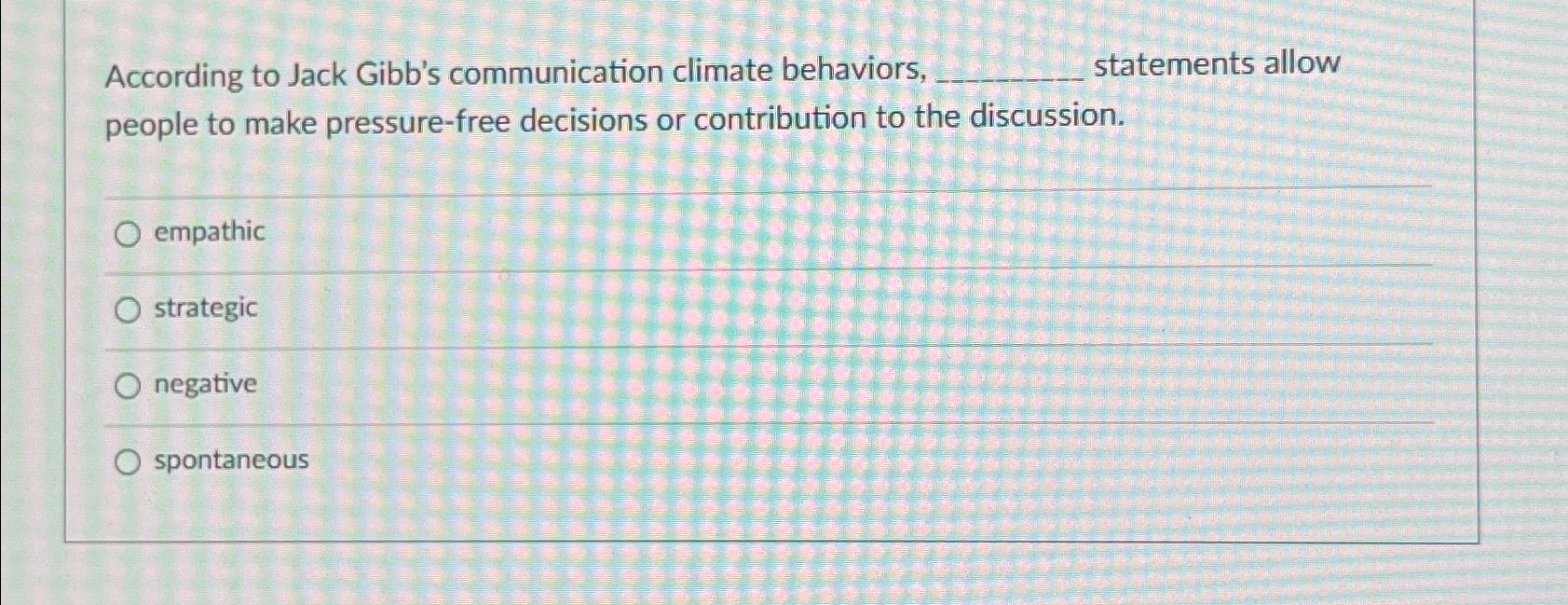 Solved According to Jack Gibb's communication climate