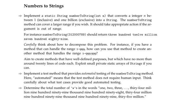 Solved Numbers to Strings ⇒ Implement a static String | Chegg.com