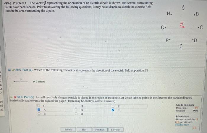 (8%) Problem 1: The vector p representing the orientation of an electric dipole is shown, and several surrounding
points have