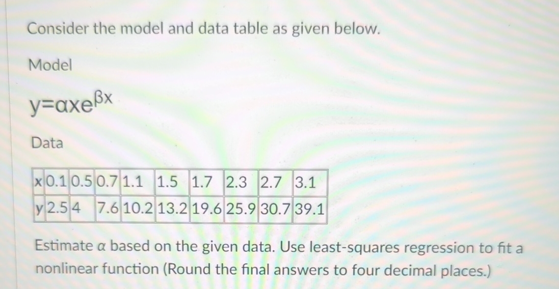 Solved Consider the model and data table as given | Chegg.com image.