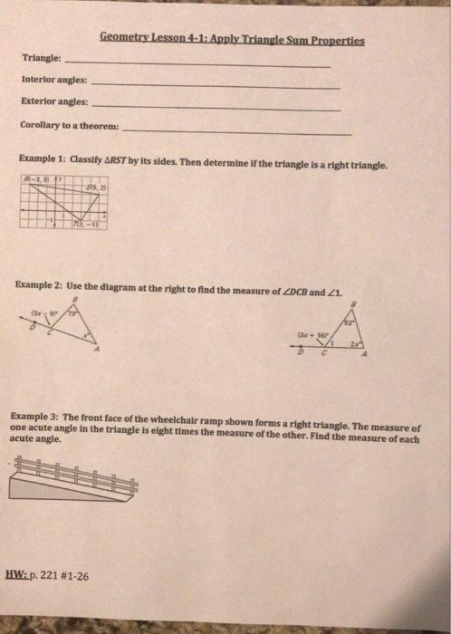 geometry homework 4.1 apply triangle sum properties answers