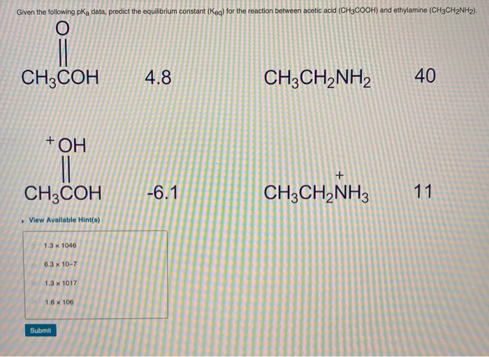 Solved Given The Following Pka Data, Predict The Equilibrium | Chegg.com