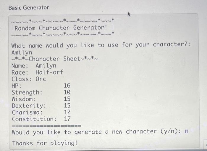 Solved Random Character Generator Learning Outcomes: - Use | Chegg.com