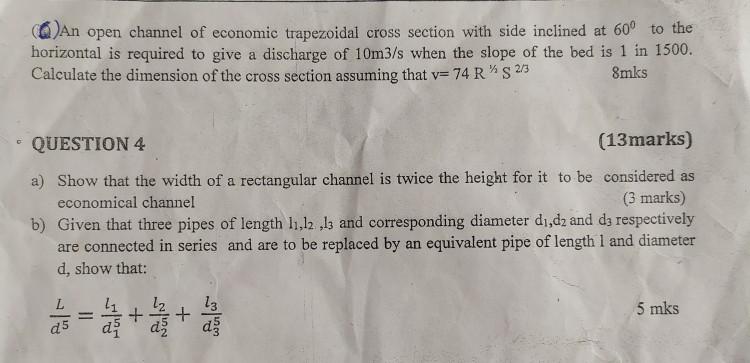 Solved @An open channel of economic trapezoidal cross | Chegg.com