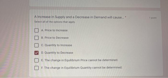 Solved 1 point A Increase in Supply and a Decrease in Demand | Chegg.com