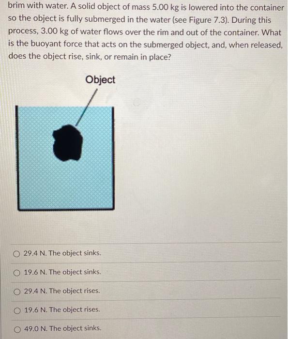 Solved brim with water. A solid object of mass 5.00 kg is | Chegg.com
