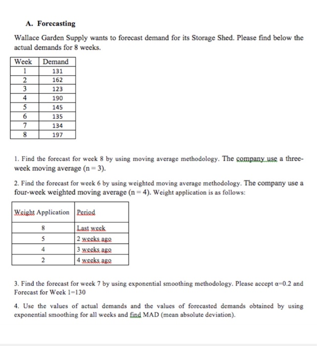 1 A. Forecasting Wallace Garden Supply wants to forecast demand for its Storage Shed. Please find below the actual demands fo