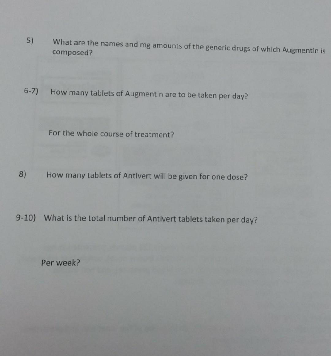 5) What are the names and mg amounts of the generic drugs of which Augmentin is composed? 6-7) How many tablets of Augmentin