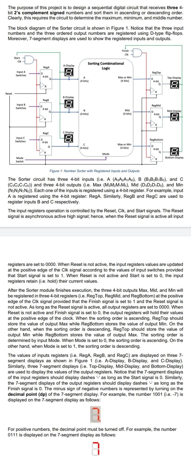 The purpose of this project is to design a sequential digital circuit that receives three 4- bit 2s complement signed number