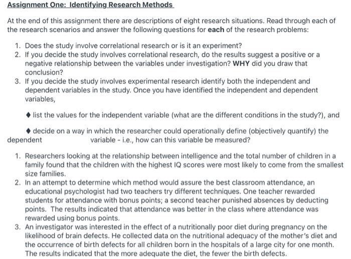 Solved Assignment One: Identifying Research Methods At The | Chegg.com