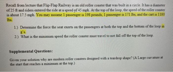 Solved) - Recall from Exercise 2-17 that the Roller Coaster