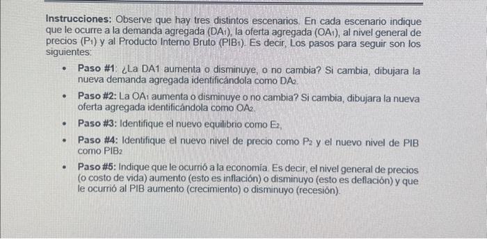 Instrucciones: Observe que hay tres distintos escenarios. En cada escenario indique que le ocurre a la demanda agregada (DA1)