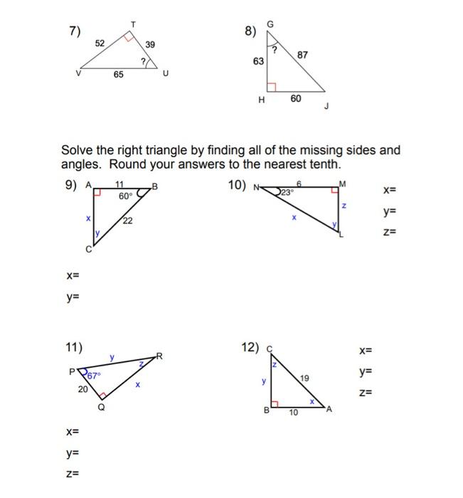 Solve for a side in right triangles (practice)