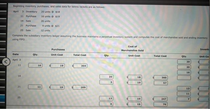 Complete the subsidiary inventory ledger assuming the business maintains a perpetual inventory systein and computes the cost 