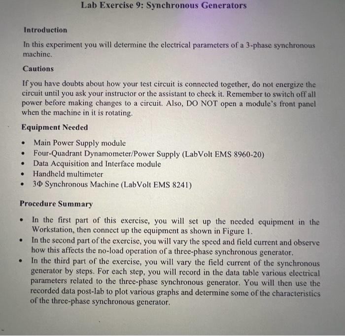 Lab Exercise 9: Synchronous Generators Introduction | Chegg.com