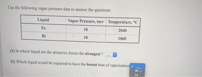 Solved Use The Following Vapor Pressure Data To Answer The | Chegg.com