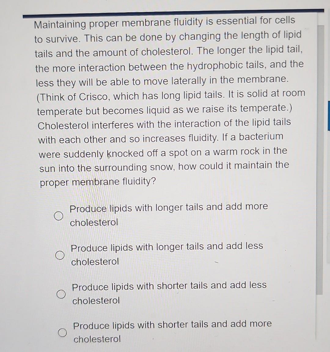 Solved Maintaining proper membrane fluidity is essential for | Chegg.com