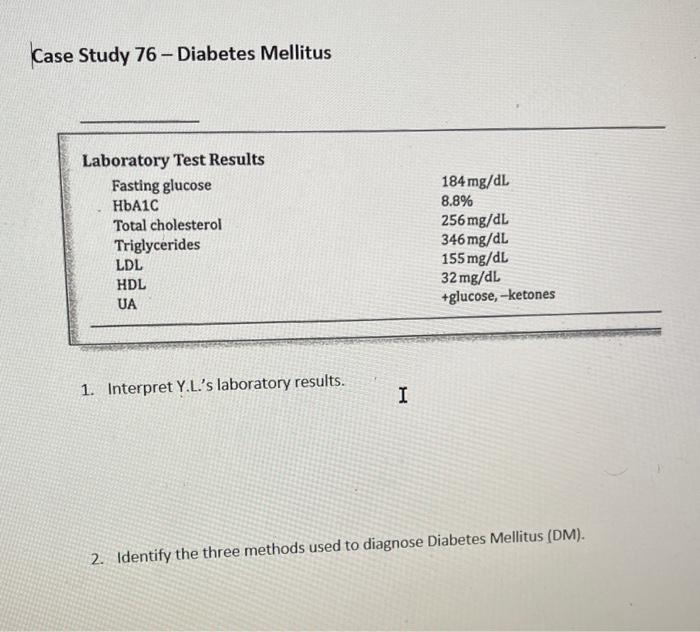 Solved Case Study 76 Diabetes Mellitus 1. Interpret Y.L.'s