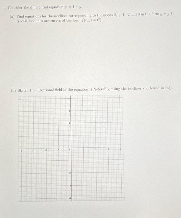 Solved 1. Consider the differential equation y′=1−y. (a) | Chegg.com