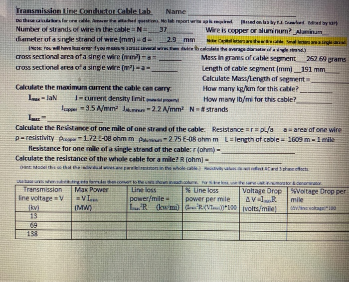 Solved Transmission Line Conductor Cable Lab Name Da these | Chegg.com
