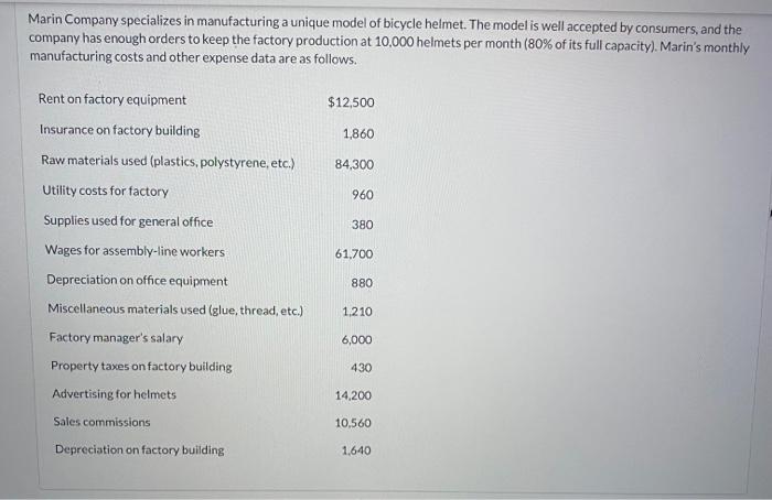 Marin Company specializes in manufacturing a unique model of bicycle helmet. The model is well accepted by consumers, and the