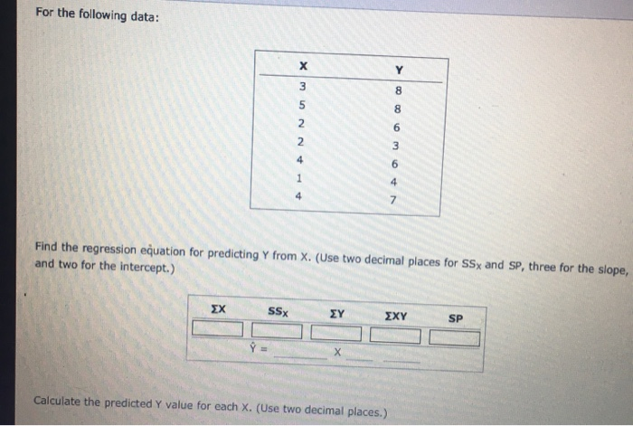 For The Following Data X Y 3 8 5 8 6 2 3 6 1 4 4 Chegg Com