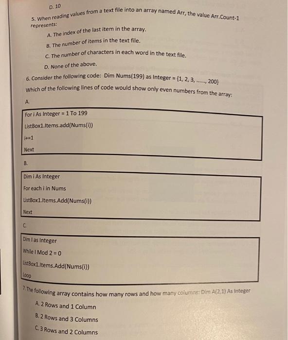 Solved 5. When reading values from a text file into an array | Chegg.com